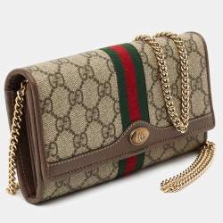 Pre Owned Gucci Beige/Brown GG Supreme Canvas and Leather Ophidia Web Wallet on Chain