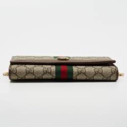Pre Owned Gucci Beige/Brown GG Supreme Canvas and Leather Ophidia Web Wallet on Chain