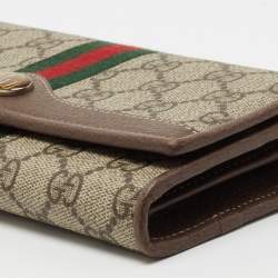 Pre Owned Gucci Beige/Brown GG Supreme Canvas and Leather Ophidia Web Wallet on Chain