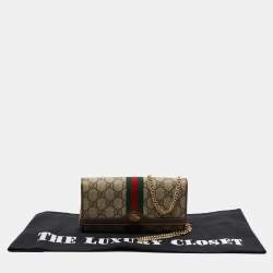 Pre Owned Gucci Beige/Brown GG Supreme Canvas and Leather Ophidia Web Wallet on Chain