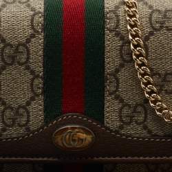 Pre Owned Gucci Beige/Brown GG Supreme Canvas and Leather Ophidia Web Wallet on Chain