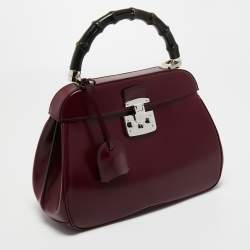 Pre Owned Gucci Burgundy Leather Bamboo Lady Lock Top Handle Bag
