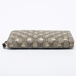 Gucci Beige/Brown GG Supreme Canvas Bee Zip Around Wallet