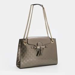 Pre Owned Gucci Dark Olive Guccissima Patent Leather Large Emily Chain Shoulder Bag