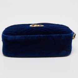 Pre Owned Gucci Royal Blue Matelassé Velvet Small GG Marmont Shoulder Bag