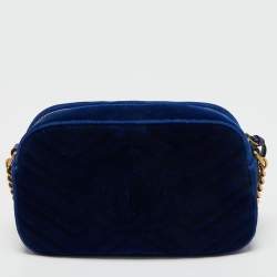 Pre Owned Gucci Royal Blue Matelassé Velvet Small GG Marmont Shoulder Bag