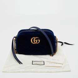 Pre Owned Gucci Royal Blue Matelassé Velvet Small GG Marmont Shoulder Bag