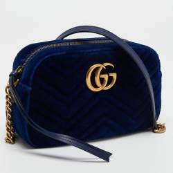 Pre Owned Gucci Royal Blue Matelassé Velvet Small GG Marmont Shoulder Bag