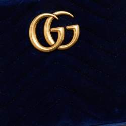 Pre Owned Gucci Royal Blue Matelassé Velvet Small GG Marmont Shoulder Bag