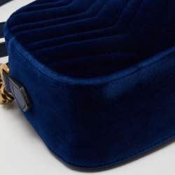 Pre Owned Gucci Royal Blue Matelassé Velvet Small GG Marmont Shoulder Bag