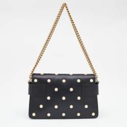 Pre Owned Gucci Black Leather Mini Pearl Studded Queen Margaret Broadway Shoulder Bag