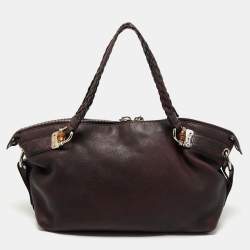 Pre Owned Gucci Plum Leather Medium Bamboo Bar Tote