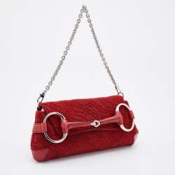 Pre Owned Gucci Red Beads and Lizard Leather Horsebit Chain Clutch