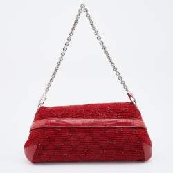 Pre Owned Gucci Red Beads and Lizard Leather Horsebit Chain Clutch