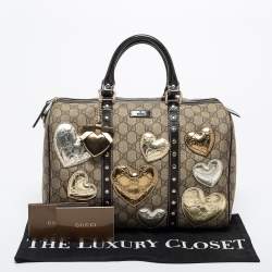 Pre Owned Gucci Beige/Dark Brown GG Supreme Canvas and Leather Medium Hearts Joy Boston Bag