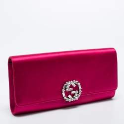 Pre Owned Gucci Pink Satin Crystal Interlocking G Broadway Clutch