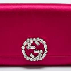Pre Owned Gucci Pink Satin Crystal Interlocking G Broadway Clutch