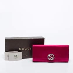 Pre Owned Gucci Pink Satin Crystal Interlocking G Broadway Clutch