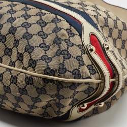 Pre Owned Gucci Blue/Off White Web Guccissima Canvas and Leather Hobo