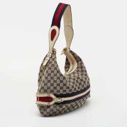 Pre Owned Gucci Blue/Off White Web Guccissima Canvas and Leather Hobo