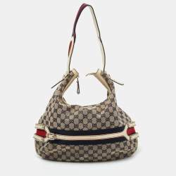 Pre Owned Gucci Blue/Off White Web Guccissima Canvas and Leather Hobo
