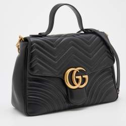 Pre Owned Gucci Black Leather Medium GG Marmont Top Handle Bag