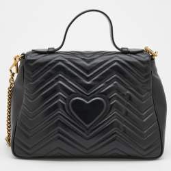 Pre Owned Gucci Black Leather Medium GG Marmont Top Handle Bag