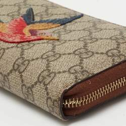 Gucci Beige GG Supreme Canvas Bird Embroidered Zip Around Wallet