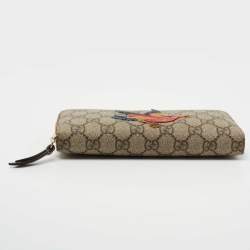 Gucci Beige GG Supreme Canvas Bird Embroidered Zip Around Wallet