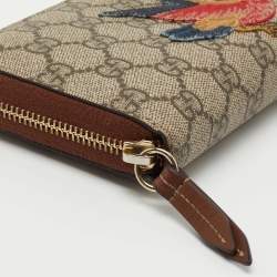 Gucci Beige GG Supreme Canvas Bird Embroidered Zip Around Wallet