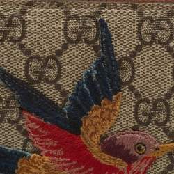Gucci Beige GG Supreme Canvas Bird Embroidered Zip Around Wallet