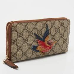 Gucci Beige GG Supreme Canvas Bird Embroidered Zip Around Wallet