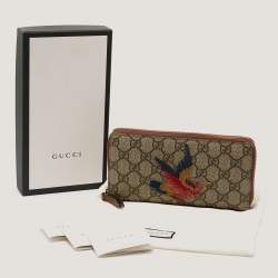Gucci Beige GG Supreme Canvas Bird Embroidered Zip Around Wallet