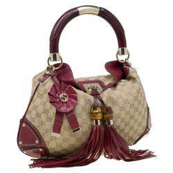 Pre Owned Gucci Beige/Red GG Canvas and Python Medium Indy Top Handle Bag