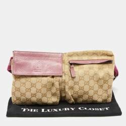 Pre Owned Gucci Beige/Pink GG Canvas and Leather Double Pocket Belt Bag