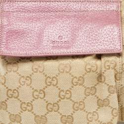 Pre Owned Gucci Beige/Pink GG Canvas and Leather Double Pocket Belt Bag