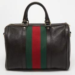 Pre Owned Gucci Brown Leather Web Boston Bag