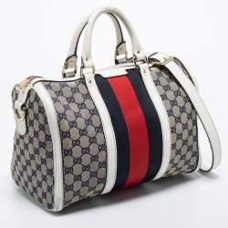 مملوكة مسبقًا Gucci Beige/White Canvas and Leather Web Boston Bag