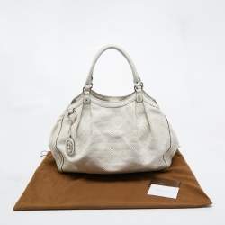 Pre Owned Gucci White Diamante Raffia and Leather Large Sukey Tote
