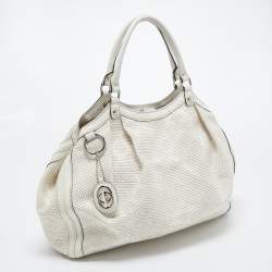 Pre Owned Gucci White Diamante Raffia and Leather Large Sukey Tote