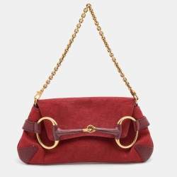 Pre Owned Gucci Red GG Canvas and Leather Horsebit Chain Clutch