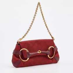 Pre Owned Gucci Red GG Canvas and Leather Horsebit Chain Clutch