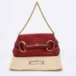 Pre Owned Gucci Red GG Canvas and Leather Horsebit Chain Clutch