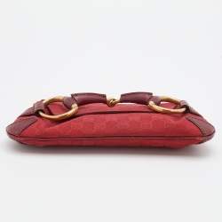 Pre Owned Gucci Red GG Canvas and Leather Horsebit Chain Clutch
