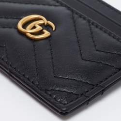 Pre Owned Gucci Black Matelassé Leather GG Marmont Card Holder