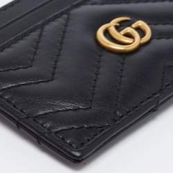 Pre Owned Gucci Black Matelassé Leather GG Marmont Card Holder