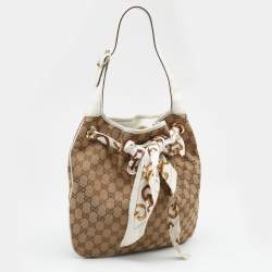 Pre Owned Gucci Beige/White GG Canvas and Leather Positano Scarf Hobo