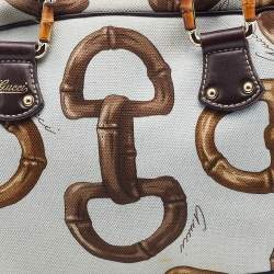 Pre Owned Gucci Multicolor Horsebit Print Canvas and Leather Bamboo Boston Bag
