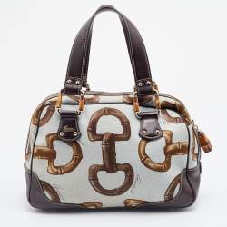 Pre Owned Gucci Multicolor Horsebit Print Canvas and Leather Bamboo Boston Bag