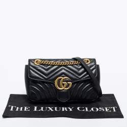 Pre Owned Gucci Black Matelassé Leather Small GG Marmont Shoulder Bag